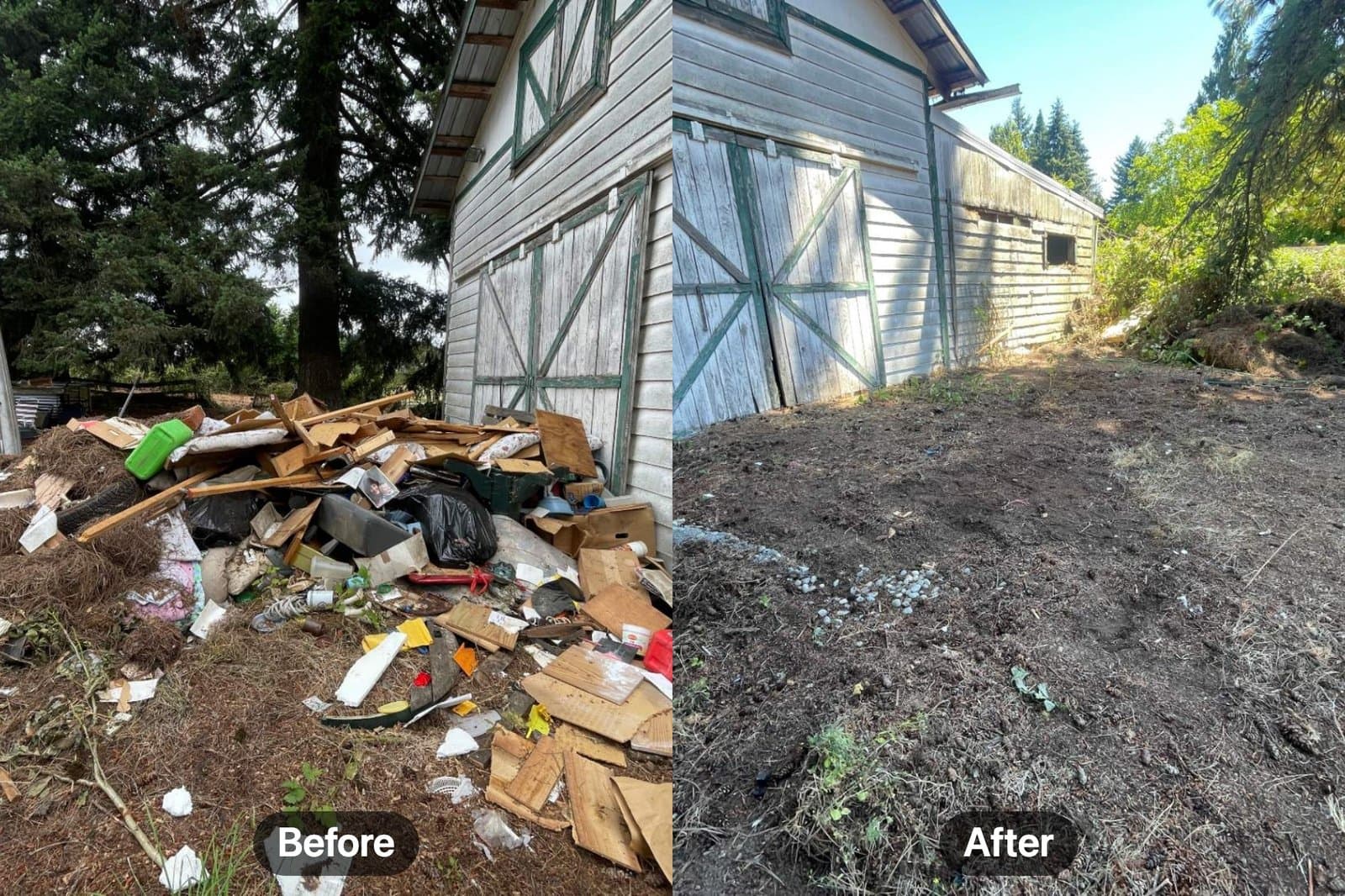 Before and after: a pile of construction debris beside a barn hauled away down to bare ground
