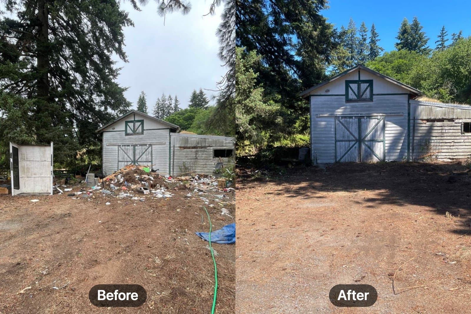 Before and after: a barnyard junk and debris pile cleared to open ground