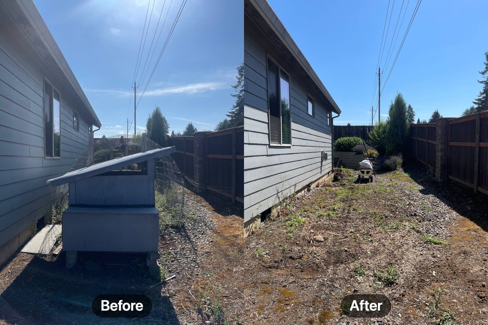 Before and after: a backyard coop hutch removed and the side yard left completely clear