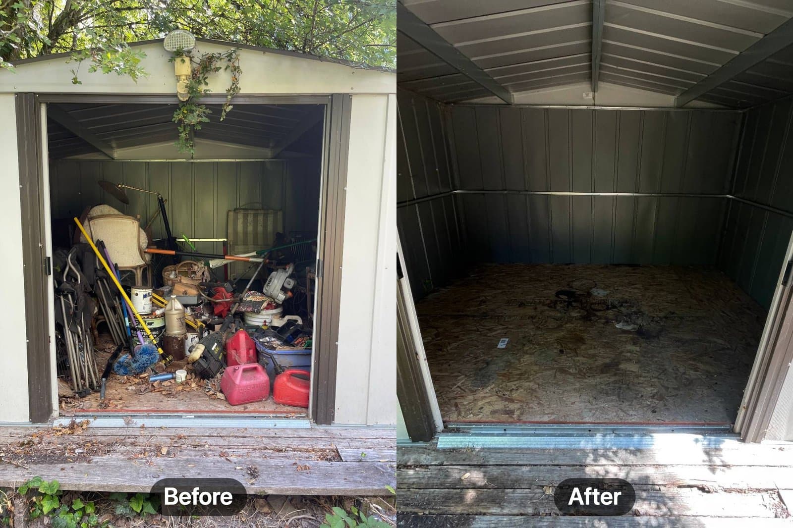 Before and after: a packed metal storage shed completely emptied by Brisk