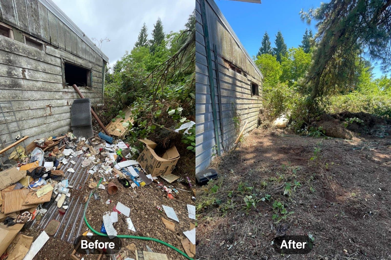 Before and after: scattered household junk beside an outbuilding, fully cleared away by Brisk