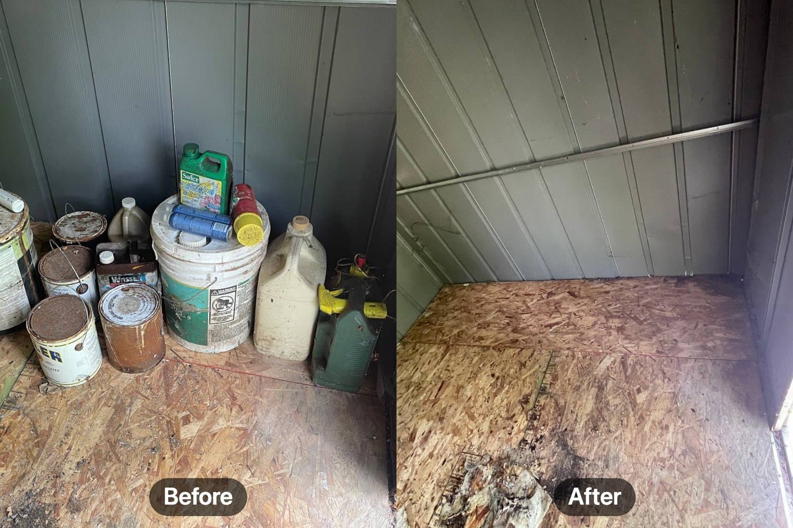 Before and after: leftover paint cans and containers cleared out of a storage shed